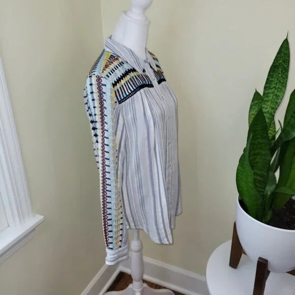 Anthropologie The Cate Classic Button Up Embroidered Stripe Shirt Women's SZ XS - Picture 7 of 13